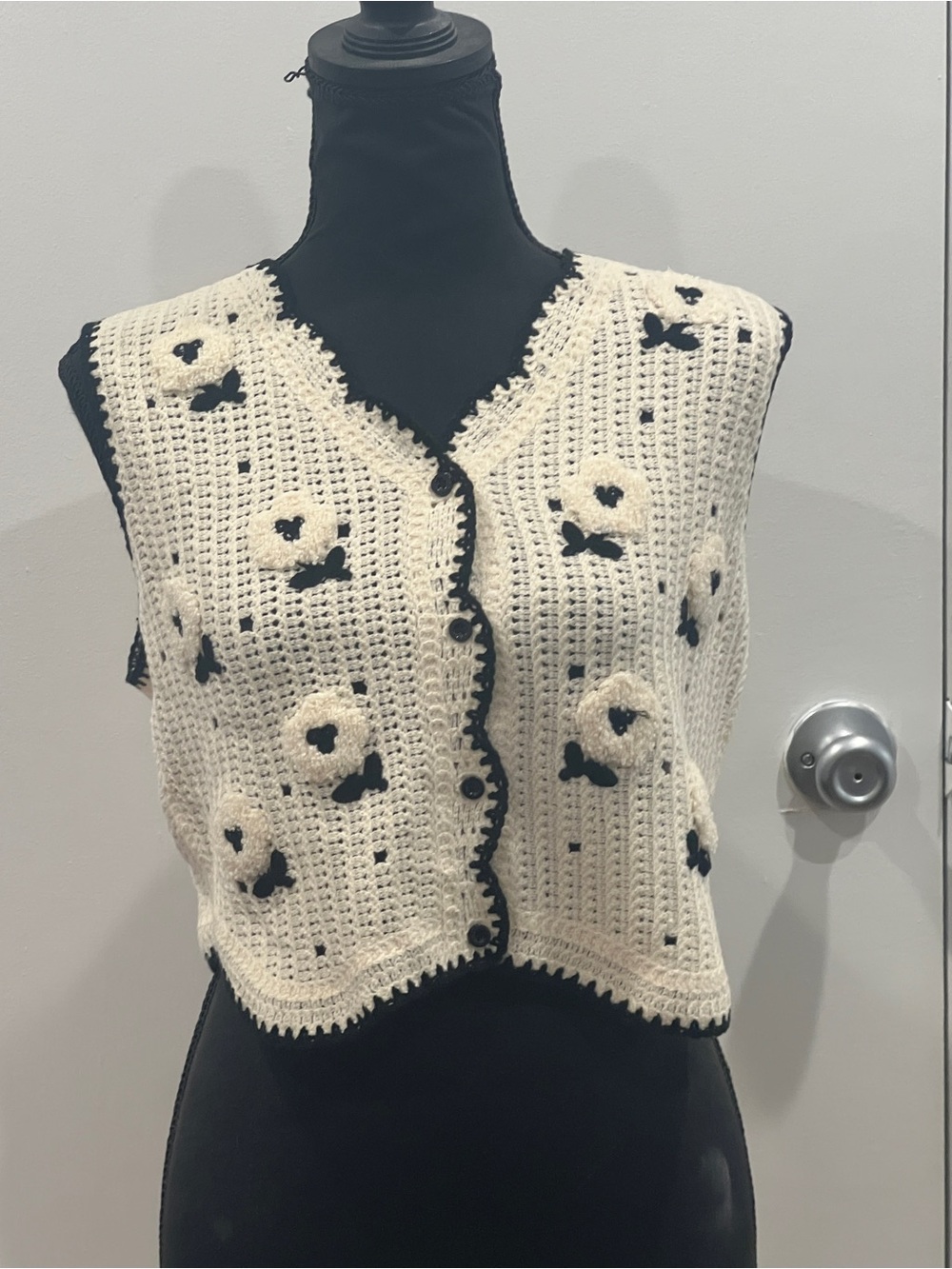 Forever 21 Cream and Black Crocheted Floral Vest